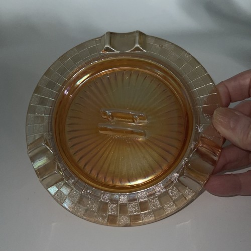 Hazel Atlas Marigold Checkers Carnival Glass Ash Tray Vintage Art Deco - Picture 9 of 9