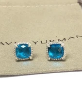 David Yurman Sterling Silver 9mm Chatelaine Earrings With Blue Topaz & Diamonds