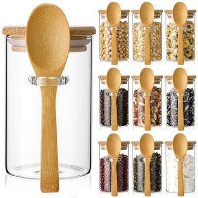 LemonRoad 10 Pack Glass Jars with Bamboo Lids and Spoons, 10 oz Airtight Glass 