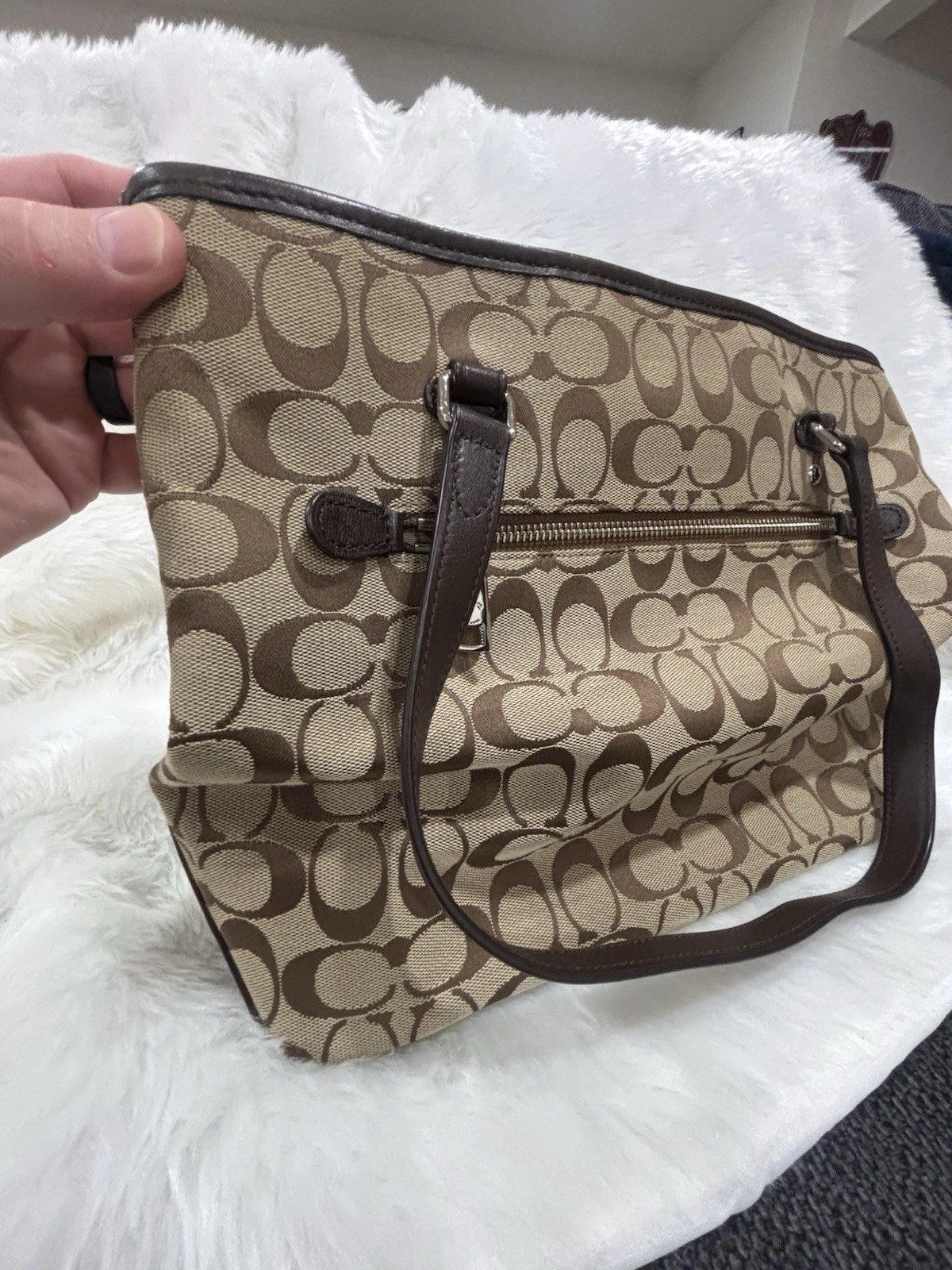 Borsa Coach in tela e pelle marrone a tracolla
