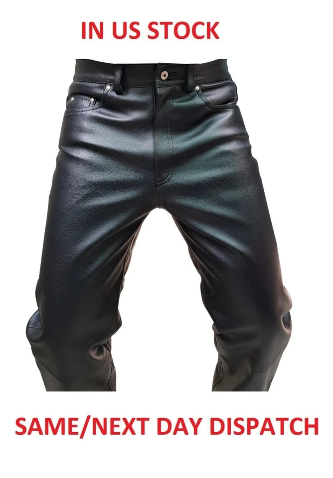 Mens Biker Jeans Real Black Or Cow Leather Sleek And Sexy 501 Style Pants New - Image 3 of 4