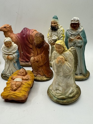 10 Antique Hand Painted Chalkware Christmas Nativity Figures Early JH Miller - Picture 3 of 13