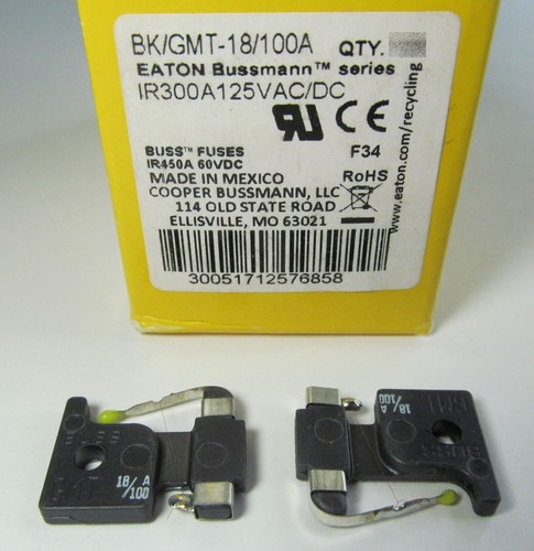 2-PACK NEW EATON BUSSMANN/ BUSS BK/GMT-18/100A ALARM/ TELECOM INDICATING FUSES