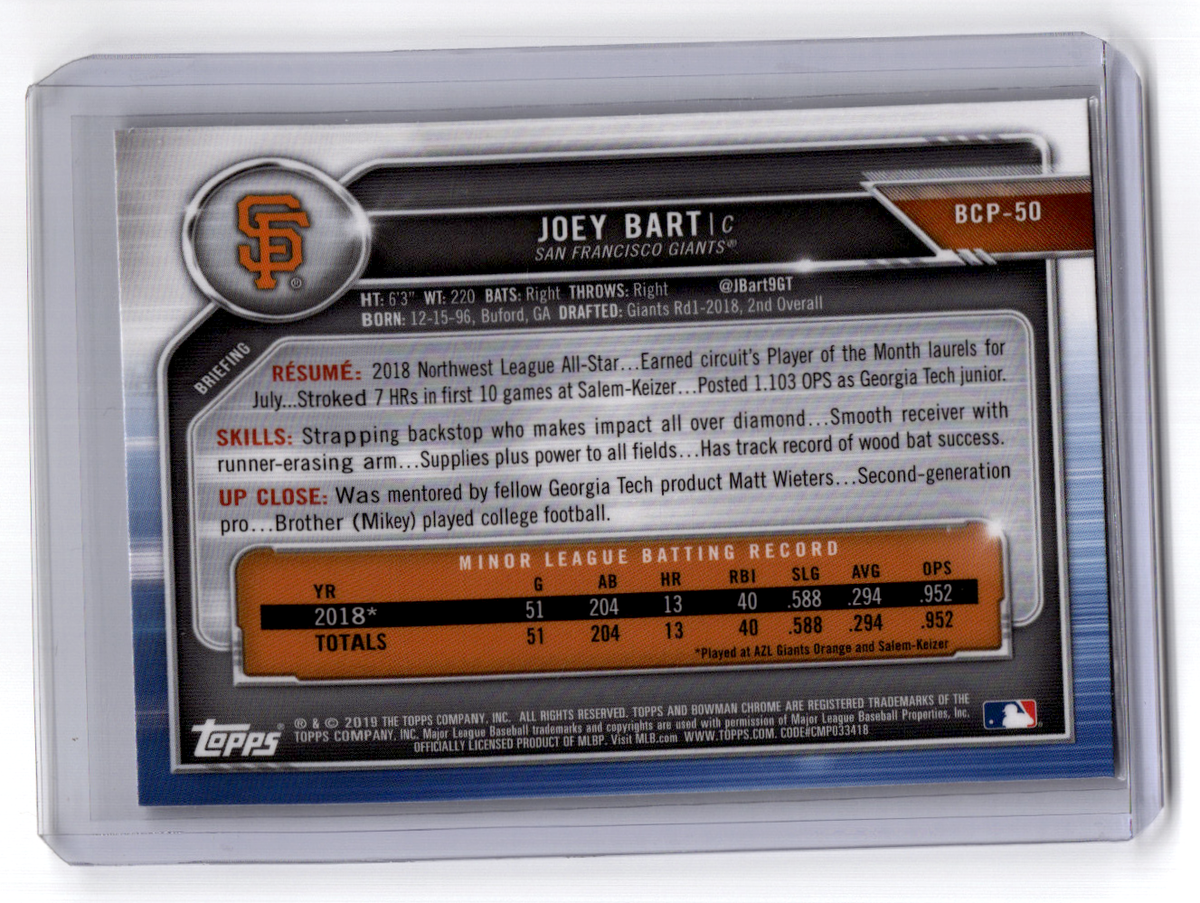 2019 Bowman - Chrome Prospects Joey Bart #BCP-50 Mega Box