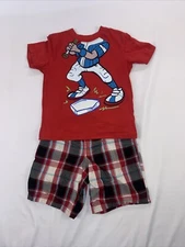 Multi brand Boys Red Shirt & Red Plaid Shorts Outfit Size 5
