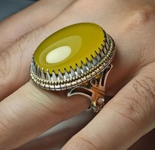 Natural Yemeni Yellow Agate 925 Sterling Silver Ring, Yellow Men Aqeeq Ring