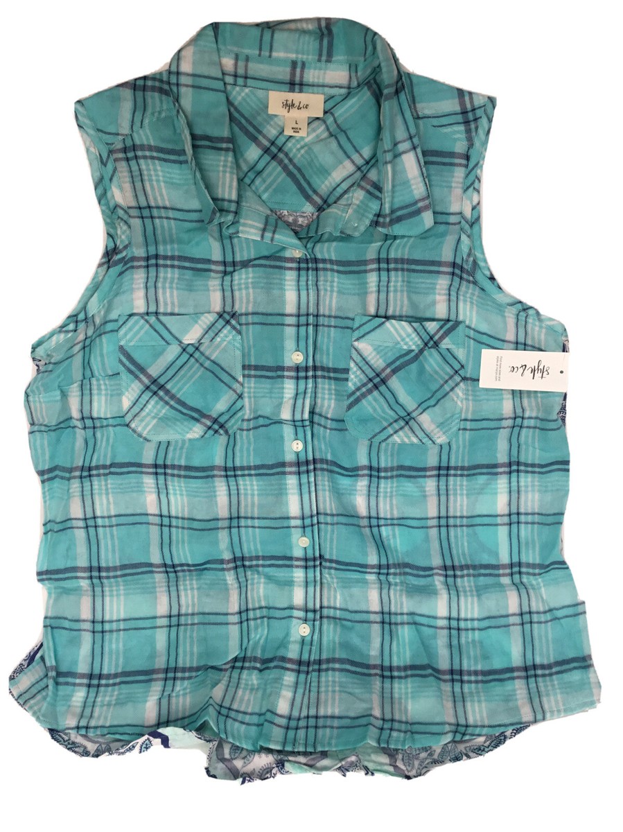 Style & Co. Women's Sleeveless Button-Down Top Plaid Cotton