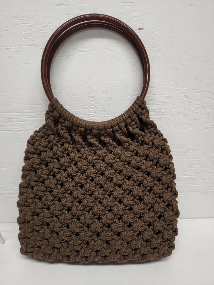 Cartera Macramé Marrón Hecho a Mano Bolso Forrado De Colección Años 70 Asas Circulares, Duradero  Foto 2 de 4