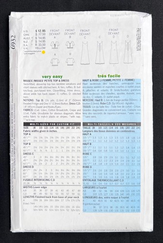 Butterick 6932 Misses Top & Dress Fast & Easy 2000 Pattern size 8-10-12 Uncut - Foto 3 di 3