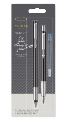 Parker Vector Set Black & Stainless Steel Fountain Pen & Ballpoint New ...