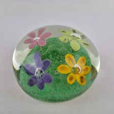 20thC Art Glass Paperweight With Pink, Purple, Orange & Yellow Flowers