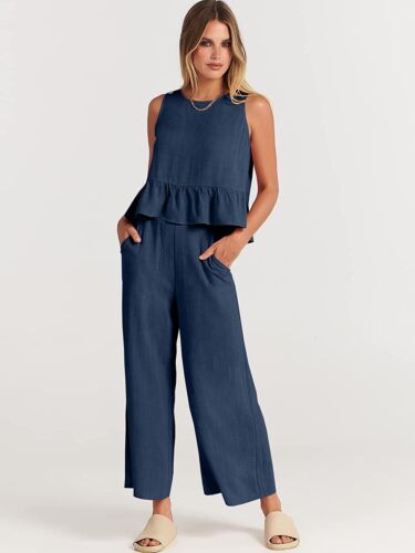 Sommer Damen ärmellos Plissee Weste weites Bein neun Punkte Hose Freizeit Set - Bild 16 von 20