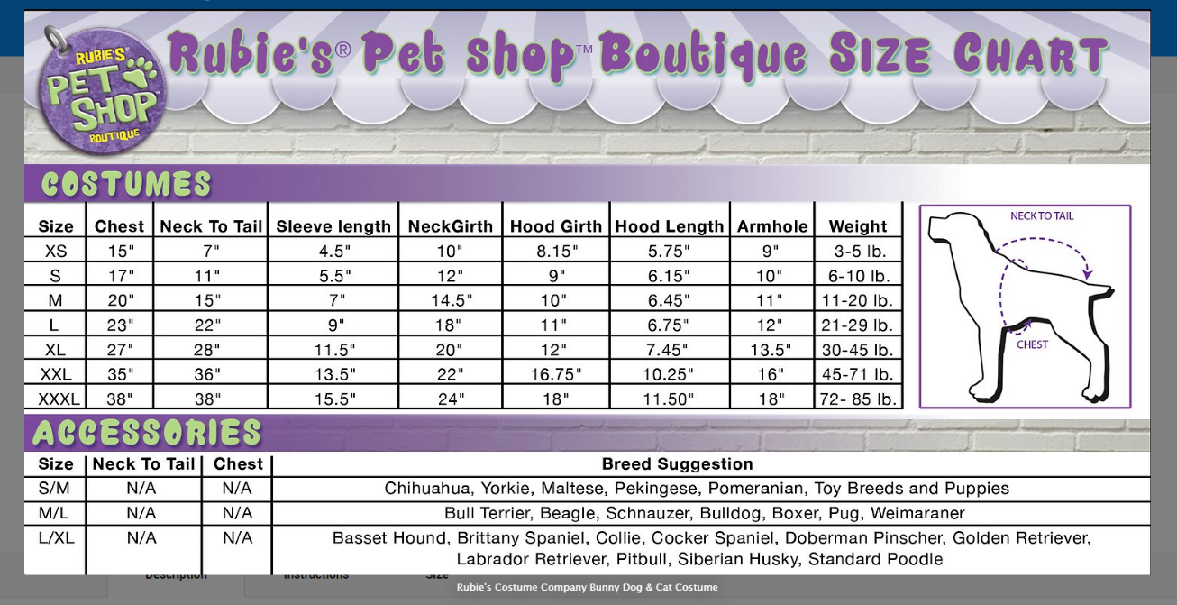 Rubies Pet Shop Size Chart