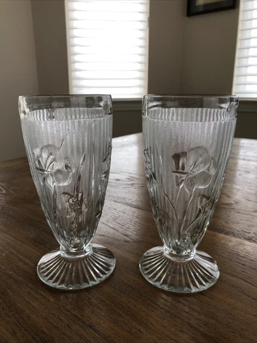 2 Vintage Jeanette Clear Iris and Herringbone   6.5 in Footed Tumblers