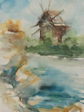 Vintage impressionist watercolor painting lake landscape