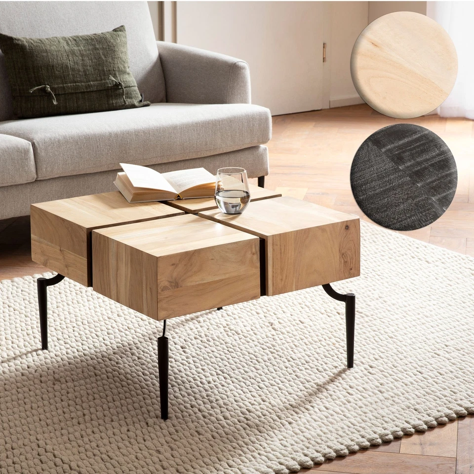 FineBuy Table Basse Carrée Bois Massif Métal 60x60x40 cm Table Salon Moderne - Photo 1/1