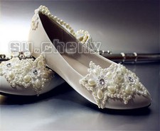 su.cheny Ivory white lace pearl rhinestone flats wedge Wedding Bridal shoes 5-13