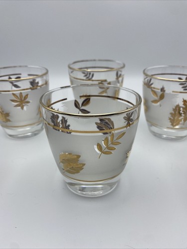 Libby Gold Leaves Frosted Vintage Glasses Set Of 6 Stackable - Picture 2 of 6