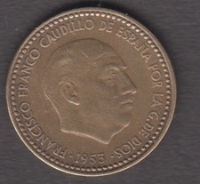 Spain 1953. 1 Peseta. Francisco Franco. Coat of arms. Yoke and arrows. KM 775