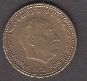 Spain 1953. 1 Peseta. Francisco Franco. Coat of arms. Yoke and arrows. KM 775