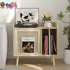 Record Player Stand with Vinyl Storage Record Player Table with Rattan Cabinet