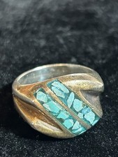 Vtg TAXCO Mex 925 Sterling Silver Mod Abstract Turquoise Ring, Sz 7.25