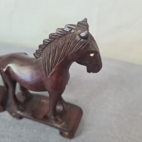 Vintage Pair Chinese Hand Carved Rosewood Horses With Glass Eyes 3.5”x3.25” - Picture 7 of 12