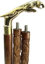Wooden Walking Stick with Brass Jaguar Head Handle Three Piece Design