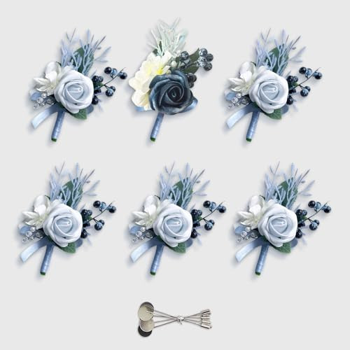 Set of 6 Boutonniere for Men Roses Boutonnieres for Best Men Groom Blue - Picture 7 of 8