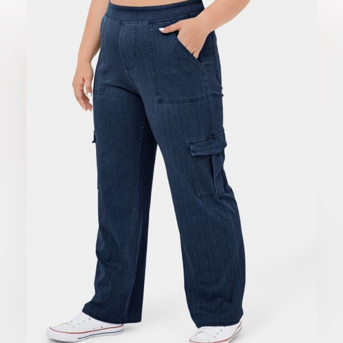Halara Flex Mid Rise Multi Pocket Knit Straight Leg Cargo Pants Denim Indigo 3X