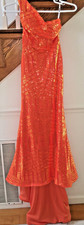 WOMENS ORANGE SEQUIN gown ONE SHOULDER FORMAL PROM PAGEANT Dress Size XS S 30"