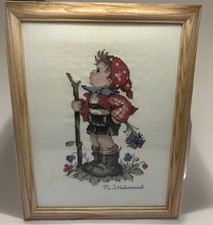 Hummel, "The Little Hiker", Cross Stitch Needle Work Framed Cottage Granny Core