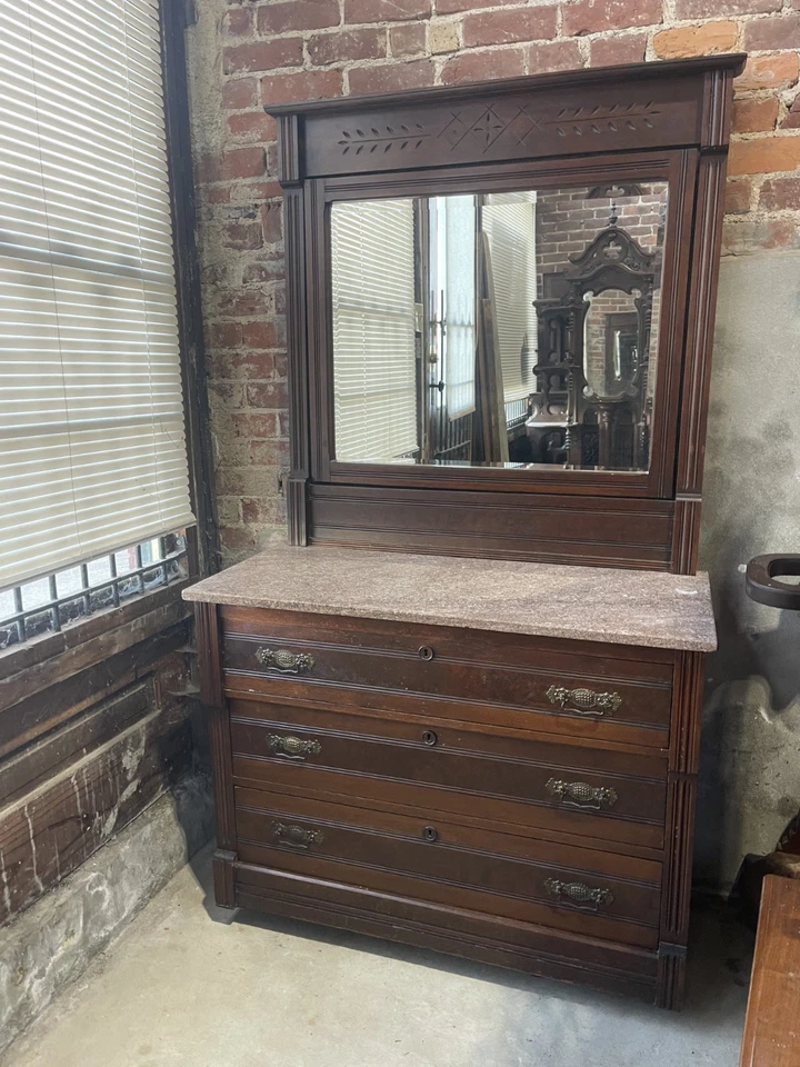 Victorian Antique Eastlake Walnut Dresser, Mirror and Red Marble - Image 3 of 4