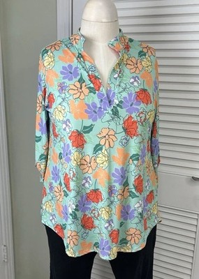 Heimish USA Womens Floral Tunic Blouse 2X Mint Green Boho Roll Tab Sleeve