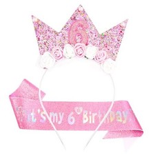 6th Birthday Headband Sash Set - Floral Princess Crown Headband for Pink 6th