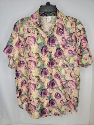 Silk Able Womens Top Size Medium 100% Silk Floral Abstract ButtonUp Short Sleeve