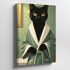 Wall Art Canvas a Black Cat in a Bathrobe Sits Confidently in a Bathroom