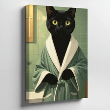 Wall Art Canvas a Black Cat in a Bathrobe Sits Confidently in a Bathroom