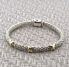 6.5  Lagos Caviar 925 Sterling Silver  18k Gold Accented X-Station Bracelet 28g