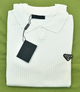 Men's Prada White Open Knit Mesh Long Sleeve Polo Shirt Triangle Logo Size 2XL