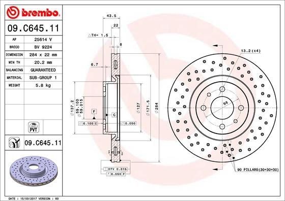 Disque de frein 09.C645.11 BREMBO contre les vibrations au volant au freinage