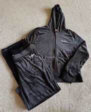 Juicy Couture Black Velour Tracksuit Set Zip Up Hoodie Pants Rhinestone Logo L