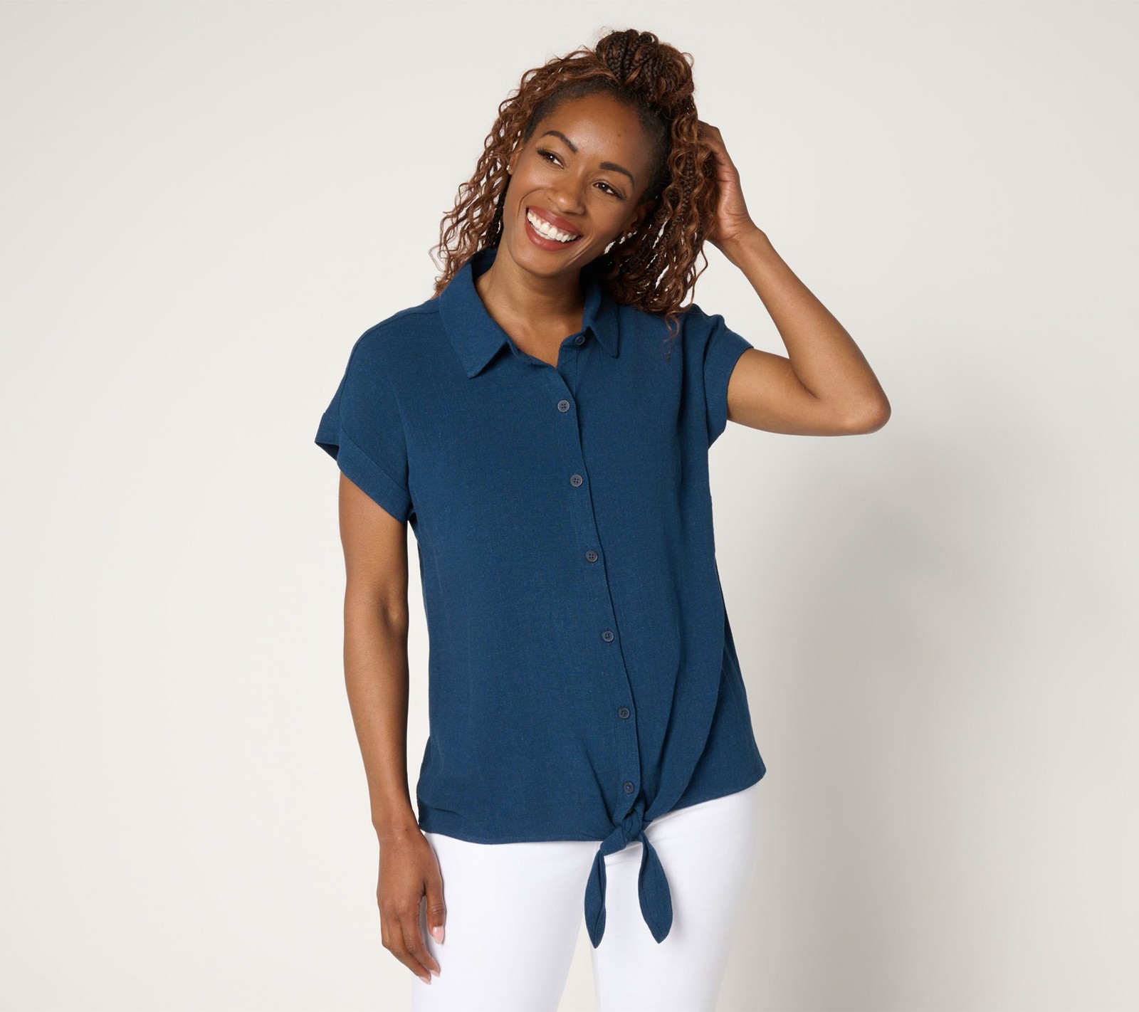 Fashion Women's Top Sz L Riviera Linen Short Sleeve Tie Front Blue A691759