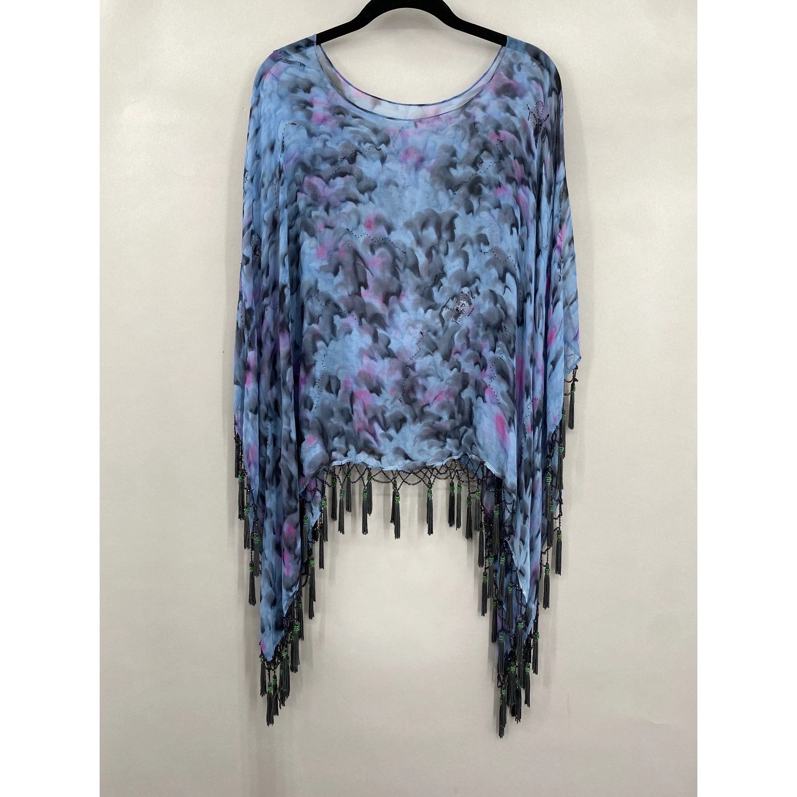 Vintage Beaded Abstract Silk Chiffon Poncho Top Blue Tassel Fringe SheerBoho