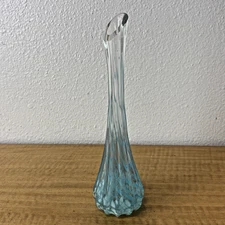 Art Glass Bud Vase BLUE TEAL Hand Blown Swirl Ruffle Murano Style Signed 92'