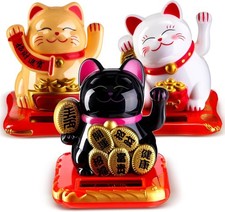 3 Pcs 2.95" Lucky Cat Waving Arm Maneki Neko Lucky Cat Solar Feng Shui Fortun...