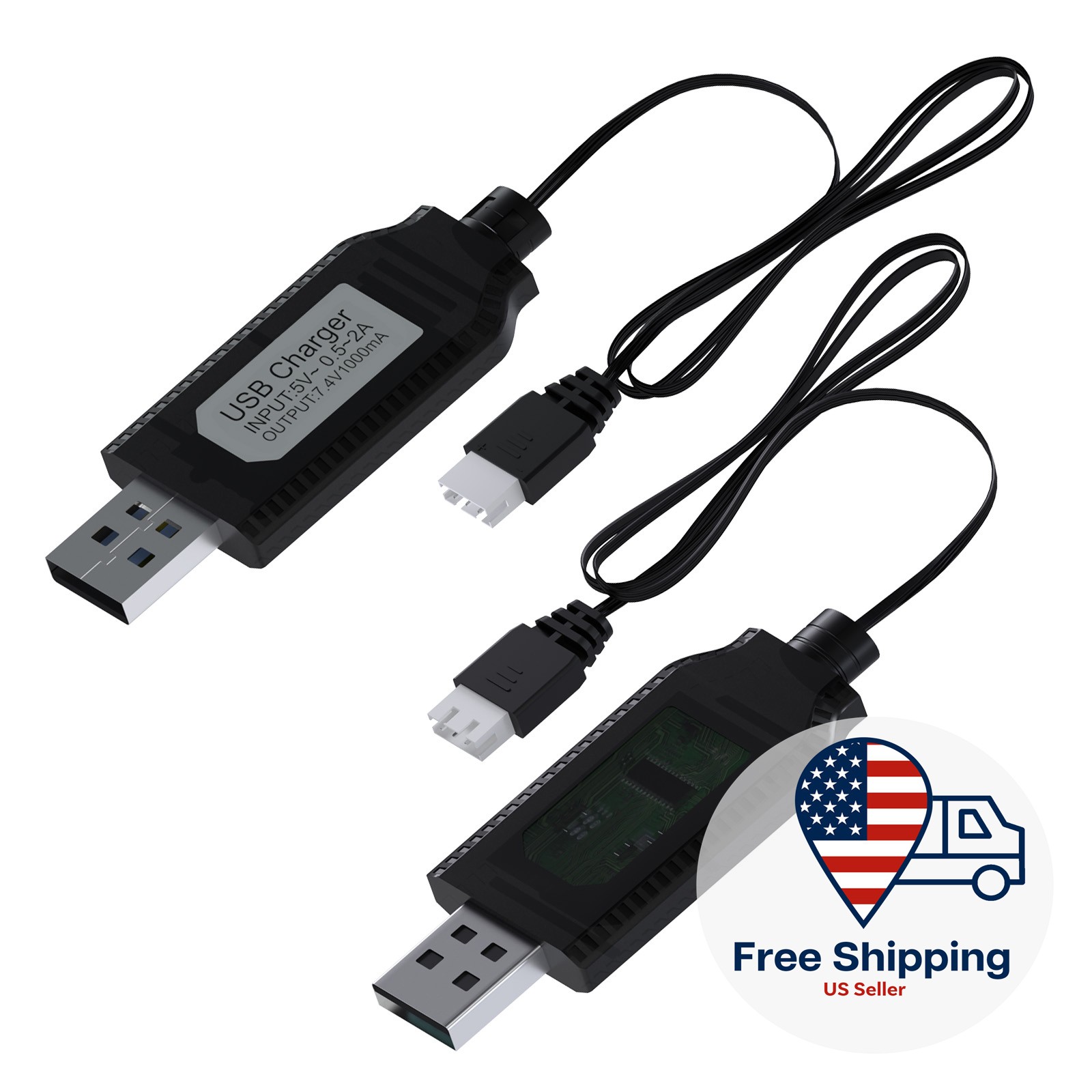 2 Pack USB Charger Cable 7.4V LiPo Li-ion Battery XH-3P for 