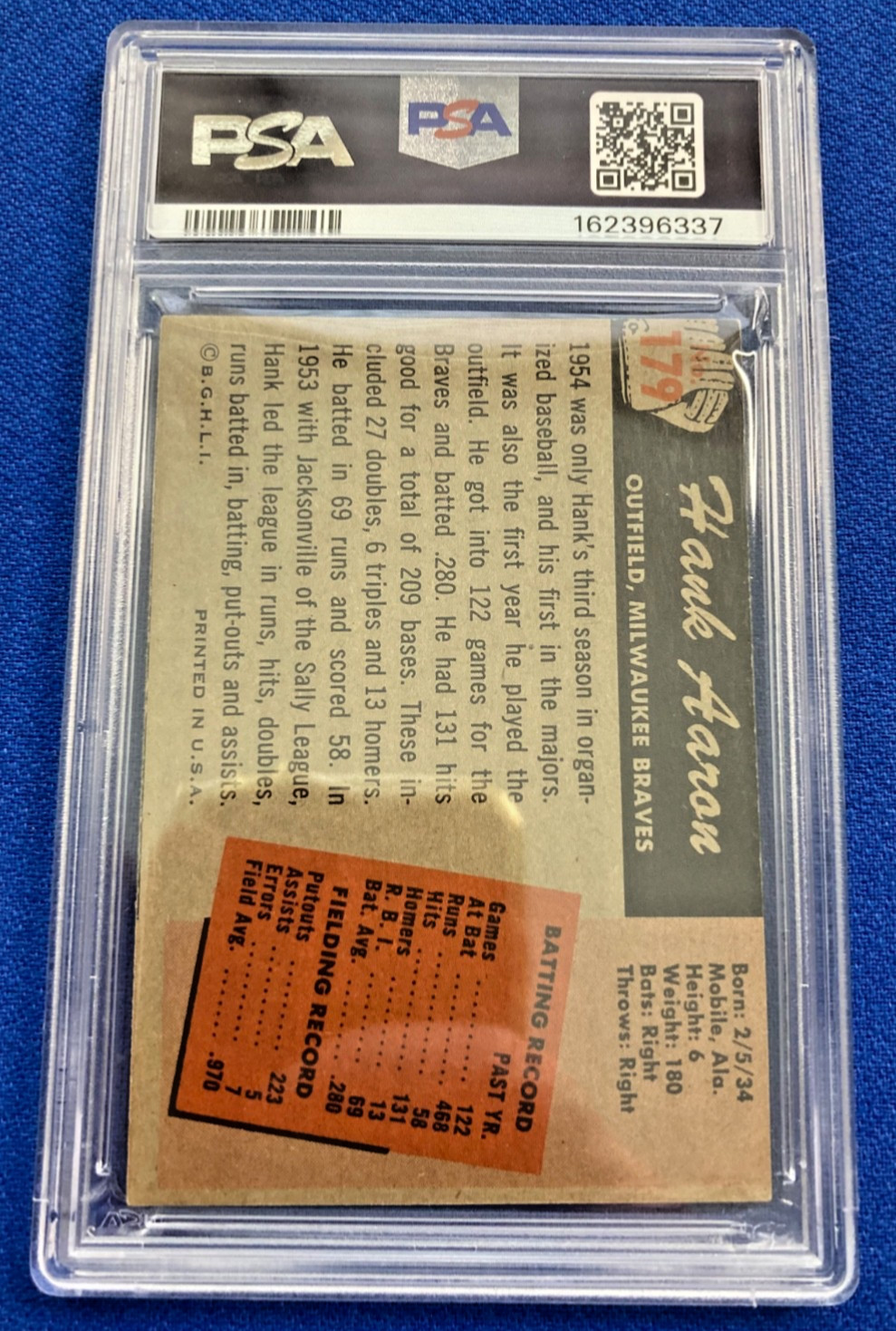 1955 Bowman HANK AARON 179 - Milwaukee Braves - PSA 4 VG-EX view 2