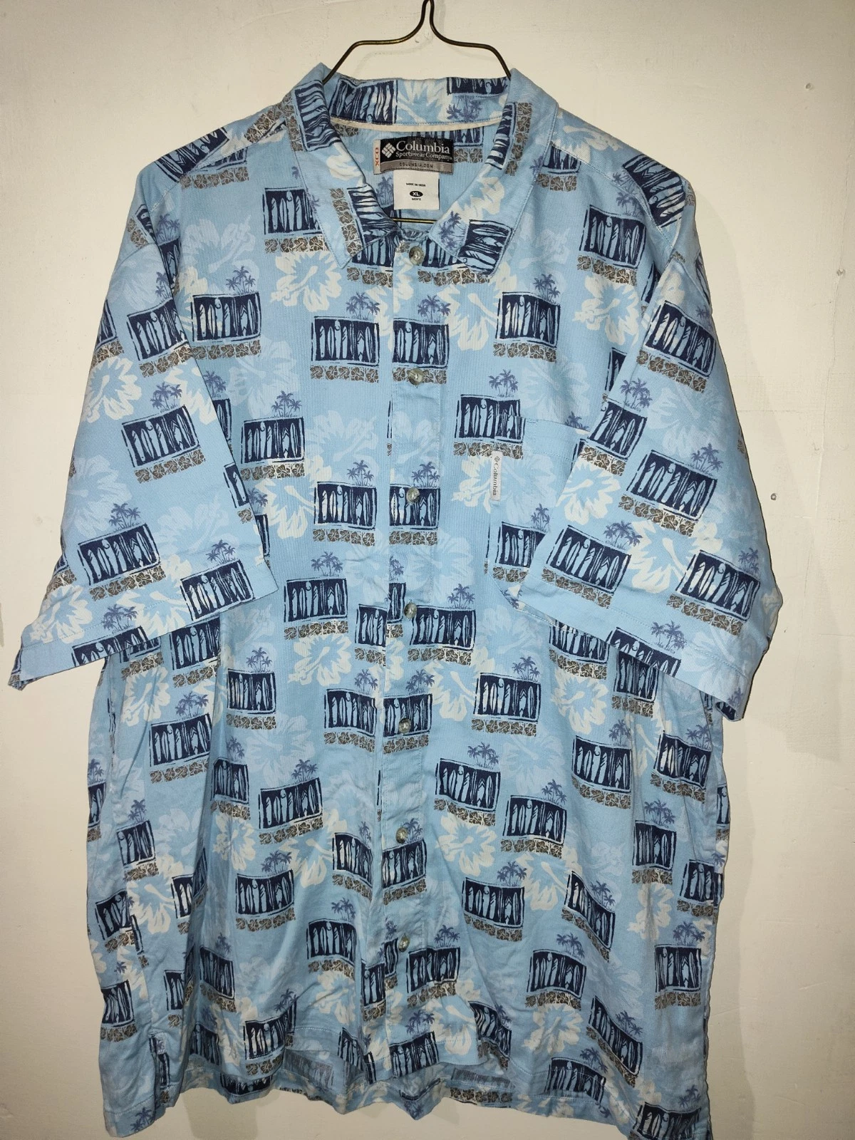 Columbia Men's Aop Fish Print Shirt Size Xl Short Sleeve Button Up Blue Fishing