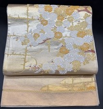 Kimono Obi Fukuro Gold Thread Silk Floral Used Stylish Luxury 80in x 11.8in